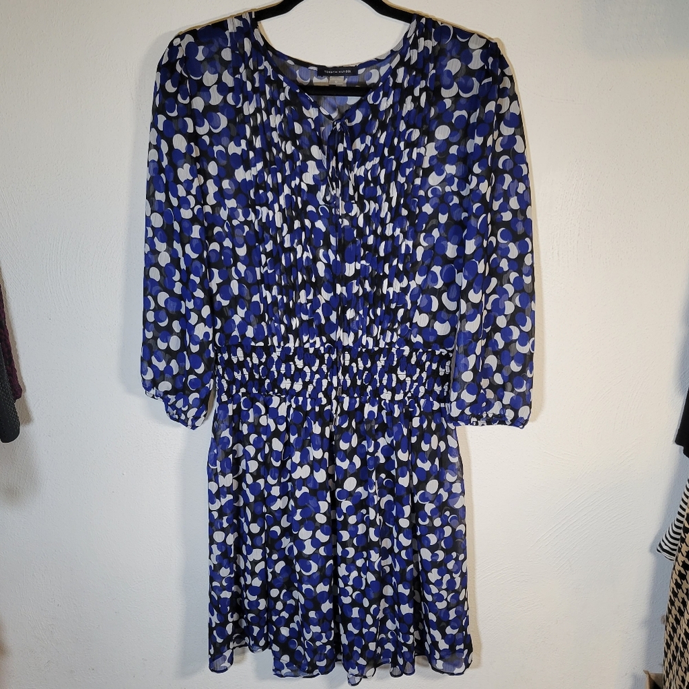 Tommy Hilfiger Blue and White Patterned Sheer Long Sleeve Dress